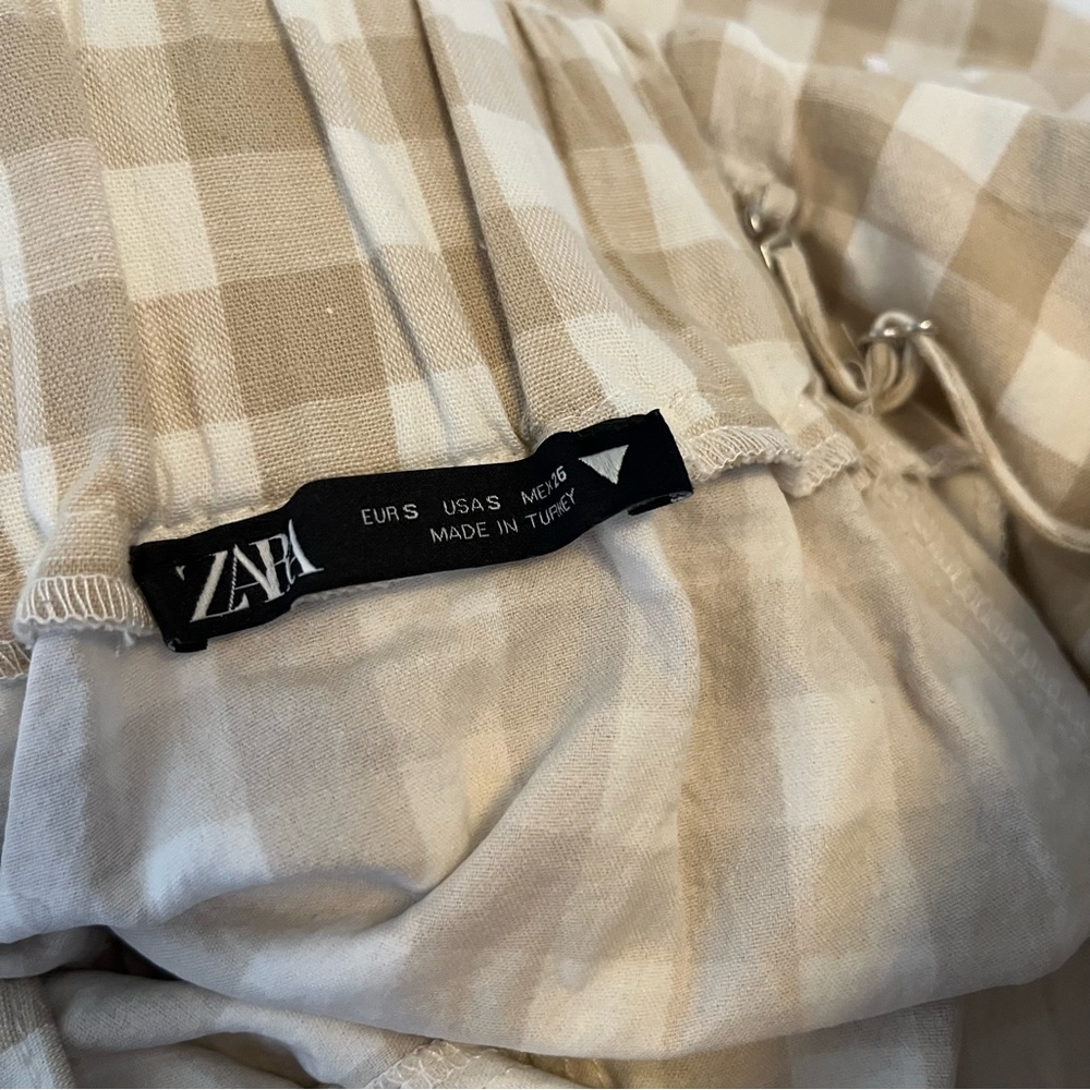 Zara Gingham Checked Linen Bustier Sweetheart Mini Dress Tan White S - Picture 12 of 12